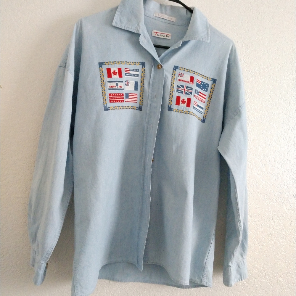 Talbots Shirt Embroidered Flags Button Front Size Small Chest 40"